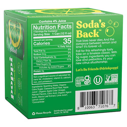 Poppi Lemon Lime Prebiotic Soda, 4 Pack